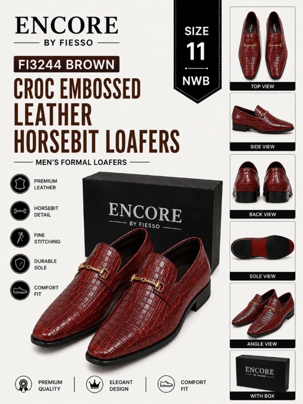 NWB Encore by Fiesso FI3244 Brown Croc Horsebit Leather Loafers Size 11